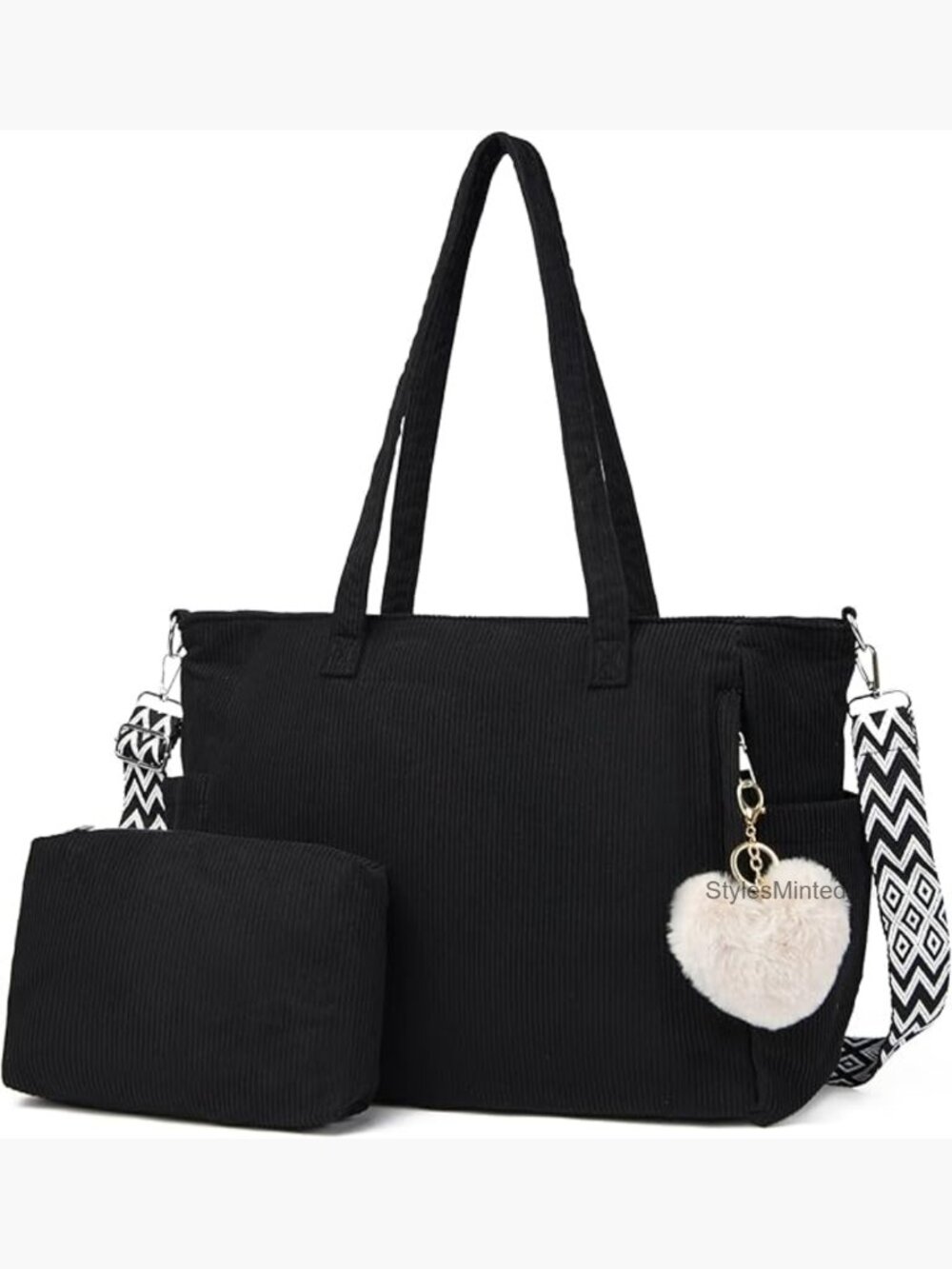 Large Corduroy Tote Bag with Pouch, Crossbody Shoulder Handbag for Work Travel
